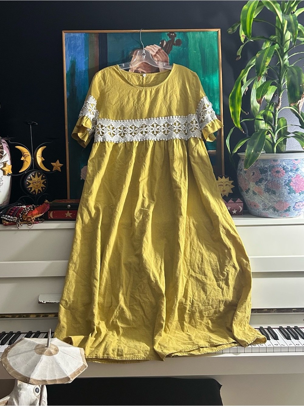 SHEIN Mustard Yellow Crochet Lace Babydoll Midi Dress XL
